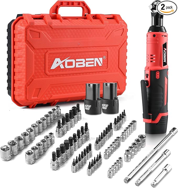 AOBEN Cordless Ratchet Wrench Kit,3/8" ratchet,40 Ft-lbs Electric Power Ratchet Set with Variable Speed Trigger,2 Packs 2000mAh Lithium-Ion Battery And Charger,83 Sockets
