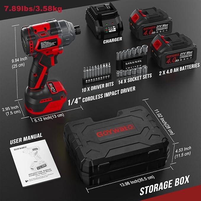 Cordless Impact Driver 2655In-lbs(300N·m) - 21V 1/4" Hex Chuck Brushless Impact Driver With 2 x 4.0Ah Batteries & Charger & 14 x Sockets Set & 10 x Screwdriver Bits for Home Projects & DIY Red