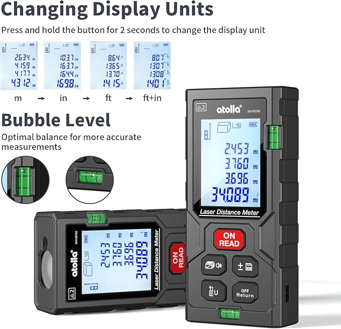 atolla Laser Measure 196Ft, Digital Laser Distance Meter with 2 Bubble Levels,Portable M/in/Ft Unit Switching Backlit LCD, Measuring Distance/Area/Volume/Pythagorean and Waterproof IP54 (Red Laser)