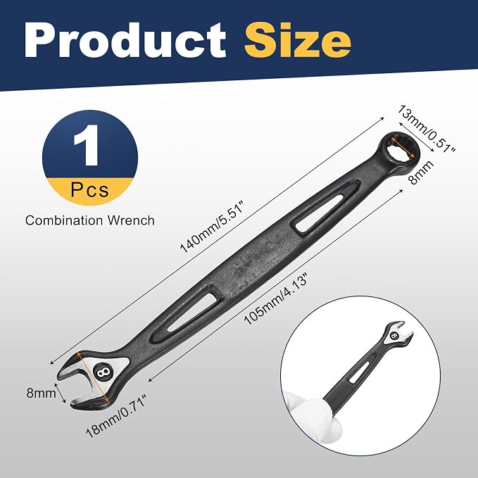HARFINGTON Combination Wrench 8mm Metric Extra Long 12-Point Box and Open End Carbon Steel Double Ended Industrial Grade Spanner for Automotive Furniture Machinery DIY Repair, Black