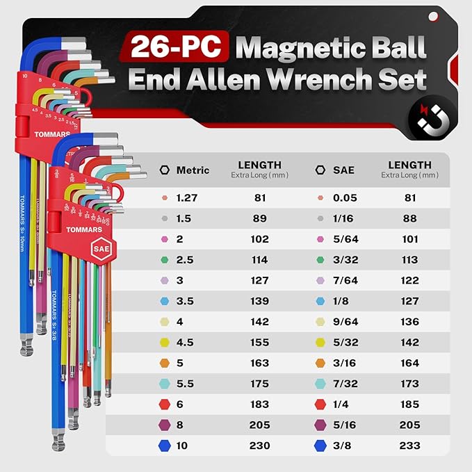 TOMMARS 26-PC Allen Wrench Set, Magnetic Ball End, T-Handle & Color Coded | Extra Long Arm, S2 Steel, SAE(0.05-3/8"), Metric(1.27mm-10mm), Hex Key Set