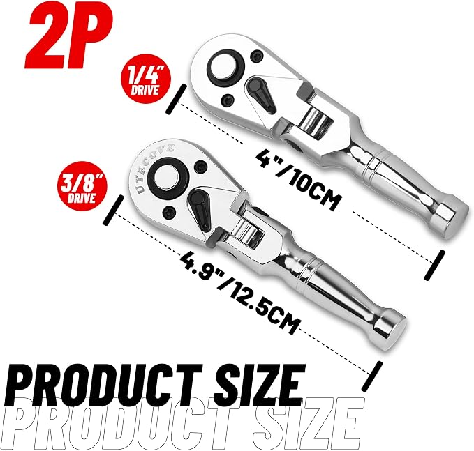 1/4 3/8 Inch Drive Stubby Ratchet Set Flex Head Ratchet S4&4.9" | tubby Ratchet Wrench Set, 72 Tooth Quick Release Swivel Head Ratchet Flexible Socket Wrench with Storage Tray