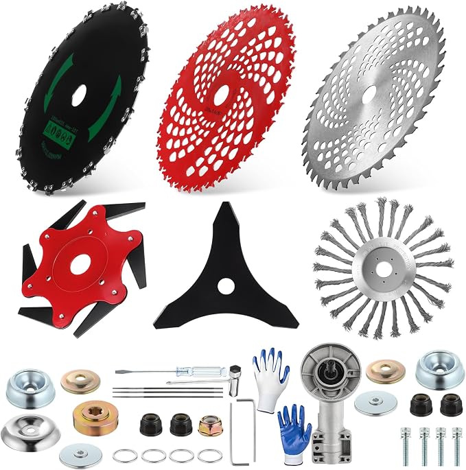Duraaamo 7 Pcs Brush Cutter Kit Include 9" x 36T Carbide Tipped Blades, 9" x 20T, 8" x 40T, 10" x 3T, 10" x 6TBlades with Adapter Kit, 10 Inch Steel Wire Rotary Head and Trimmer Head Replacement