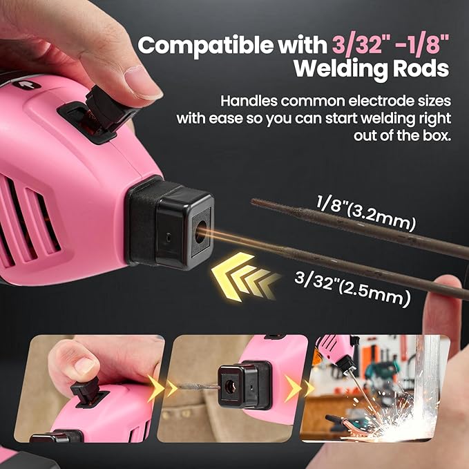SakerPlus Portable Welding Machine, 110V Portable Welder Handheld, ARC Portable Welder with IGBT Inverter 5 Variable Current Adjustment, Helmet,Carring Case Included(Pink,25pcs 3/32" Wire Rods)