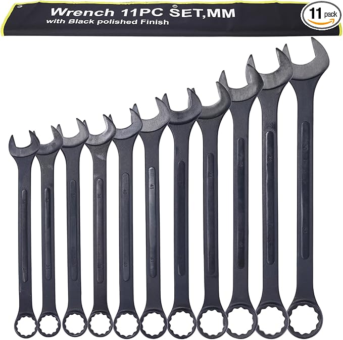 11PC Jumbo Combination Wrench Set, Metric, 34-50mm, Extra Large Wrenches | 34, 35, 36, 38, 40, 41, 42, 44, 46, 48, 50 mm sizes, Extra Large Combination Wrench Sets with Pouch (11PC-Metric)