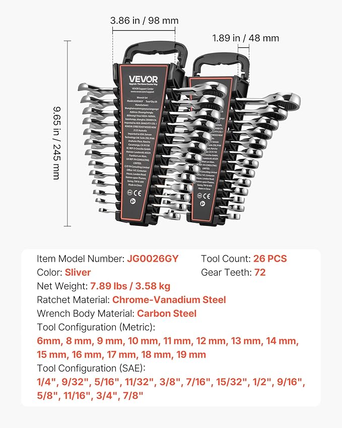 VEVOR Combination Wrench Set, 26-Piece SAE and Metric, 72 Teeth, Cr-V Steel Ratcheting Wrench Set, with Rack Organizer, Open End, Clear Size Labels, for General Household, Automotive Repairs, Silver