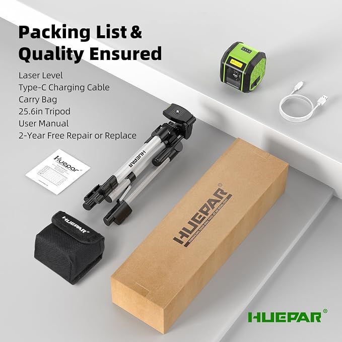 Laser Level with 25.6in Tripod, Fathers Day Dad Gifts, Huepar 100Ft Self Leveling Laser Level Rechargeable Green Cross Line Laser Leveler Tool for Picture Hanging, Tile, Home Renovation, Carry Bag