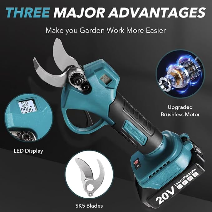 Electric Pruning Shears Cordless for Gardening - 1.2" Cutting Diameter Battery Powered Pruner with LCD Display & 2 Rechargeable Batteries, Brushless Power Pruner Heavy Duty for Tree Branch