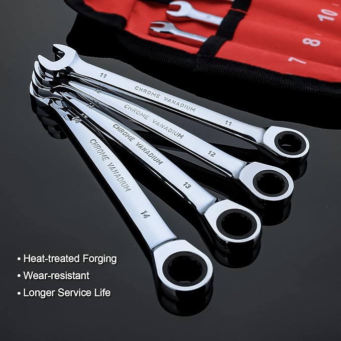Egofine 8-Piece Ratcheting Wrench Set, Cr-V Steel Mertic Wrench Set from 7mm to 17mm wrench, 72 Teeth Ratchet Wrench, 12 Point Open End & Box End Combination wrench set with Roll Up Pouch