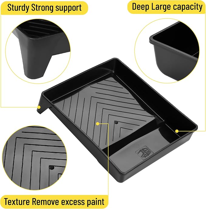 Bates- 9 Inch Paint Tray, 2 Pack, Black Plastic Paint Roller Tray 9 Inch, Deep Capacity, Textured Ridge