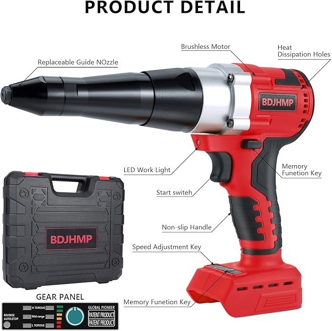 Cordless Rivet Gun Tool for Milwaukee M18 18V Battery(Only Tool), Brushless Electric Automatic Rivet Gun, for Rivets 1/8'', 5/32'', 3/16", for Metal, Plastic and Leather
