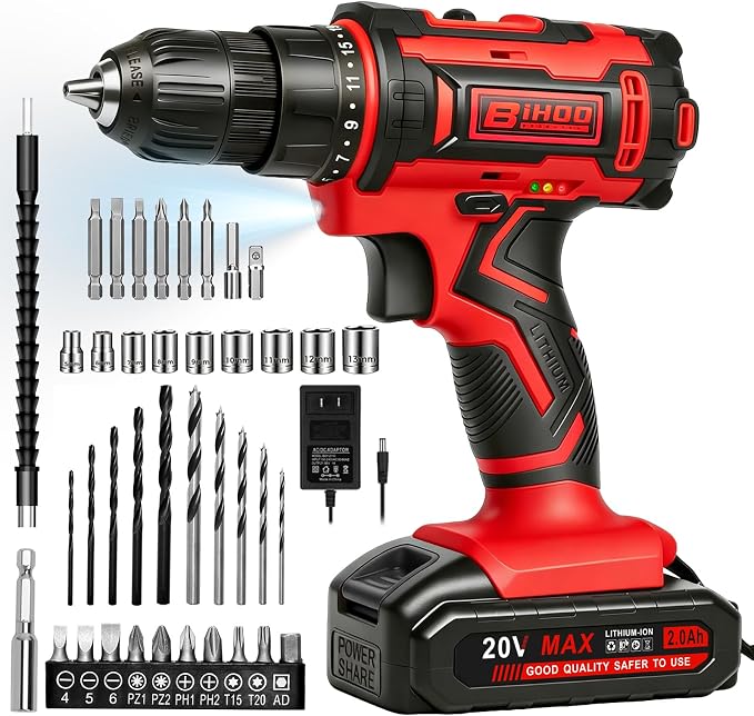 Cordless Drill Set,20V Drill Driver with Battery and Charger,3/8-Inch Keyless Chuck, Variable Speed,with Drills Bits Set,Red