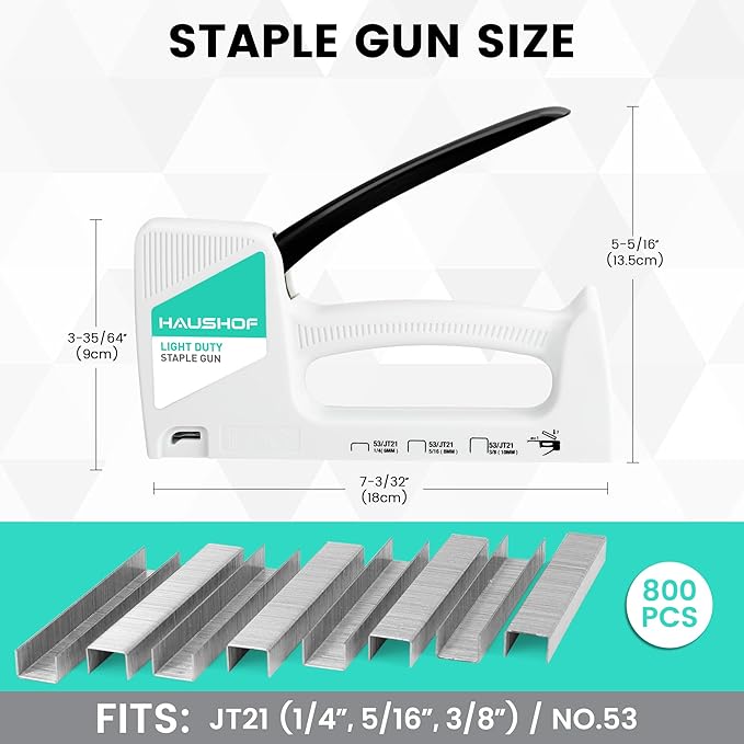 HAUSHOF Light Duty Staple Gun, Upholstery Staple Gun with 800PCS JT21 Staples and Stapler Remover, Fits JT21 Staple of 1/4'', 5/16'' & 3/8'', Used for Wood, Classroom, Crafts, DIY, Decoration (White)