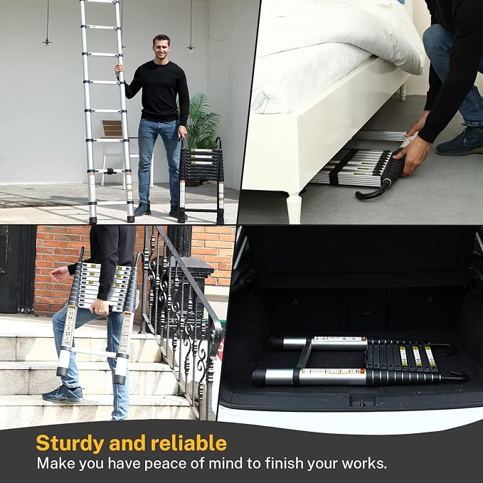 RIKADE Telescopic Ladder, 10.5 ft Aluminum Telescoping Ladder with Non-Slip Feet and Stable Hook, Portable Extension Ladder for Household and Outdoor Working, Max Load 330 lb, Aluminum