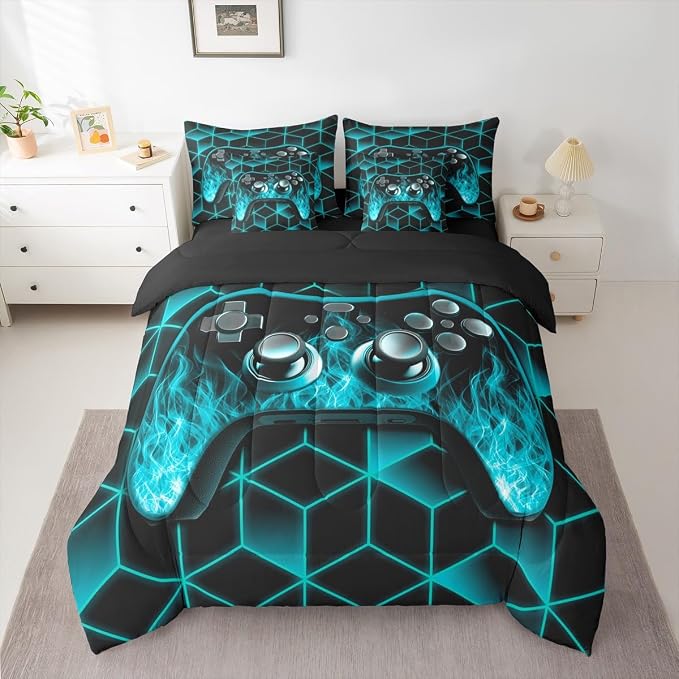 Gaming Consoles Comforter Set 7 Piece Bed in a Bag Twin,Neon Geometric Boys Bedding Set,3D Geometric Gamer Comforter and Sheet Set Teal Flame Bed Set,Gamer Decor for Boys Bedroom Gamer Gifts