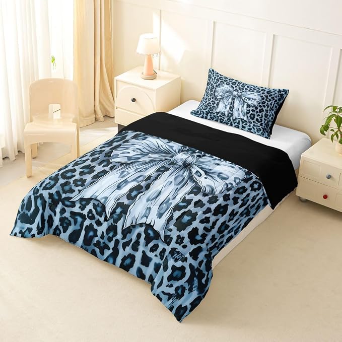 Feelyou Leopard Print Comforter Set All Season Cute Blue Bow Bedding Set with 1 Pillow Cases Cheetah Animal Fur Microfiber Kids Twin Bedclothes Bedroom Decor Duvet Quilt Breathable Soft Lightweight