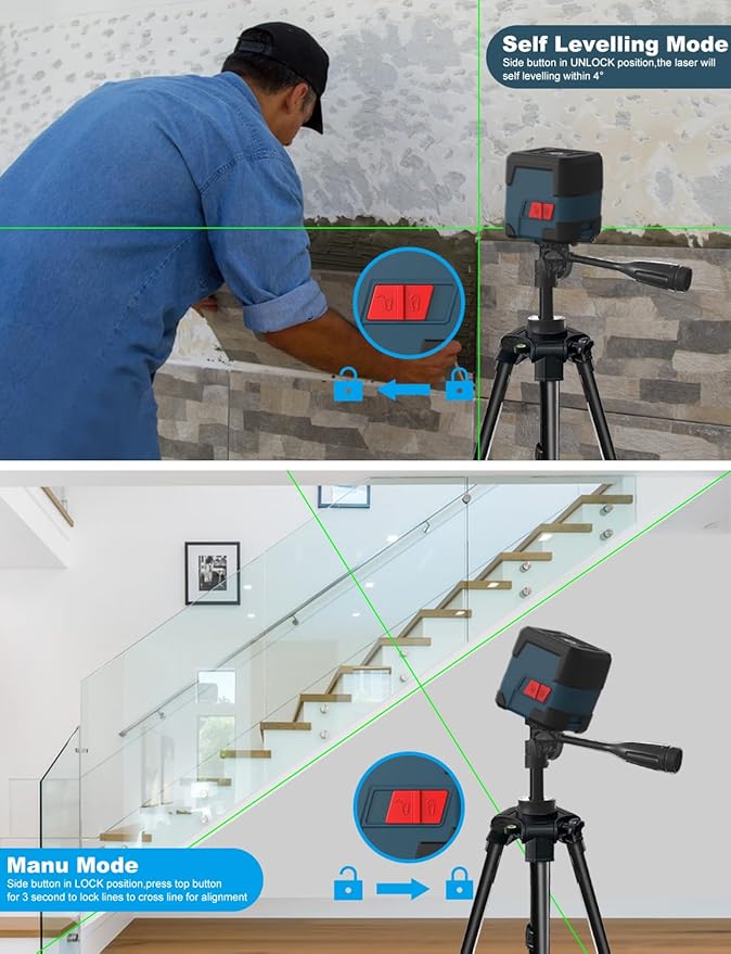 Laser Level, RockSeed Cross Line Laser with Self-Leveling, Vertical and Horizontal Line, Rotatable 360 Degree, Carrying Pouch, Battery Included (Green Laser, 2-Line with 47in Tripod)