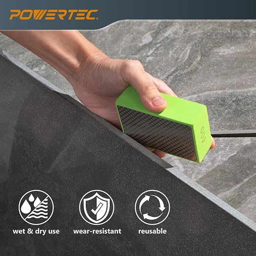 POWERTEC 72212 4-1/2" Diamond Saw Blade & Diamond Hand Polishing Pads Kit, Turbo Mesh Rim Tile Blade for Porcelain and Ceramic Tile & Assorted 60/100/200/400 Grits Sanding Block for Granite,Wood,Metal