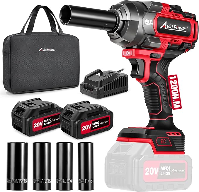 AVID POWER 1/2” Brushless Cordless Impact Wrench/Gun 900ft-lbs, 2 Batteries | 3 Variable Speeds, 20V High Torque Impact Drill, Fast Charger, Sockets, Tool Bag for Car Tire Changes, Lug Nut & Bolt Removal