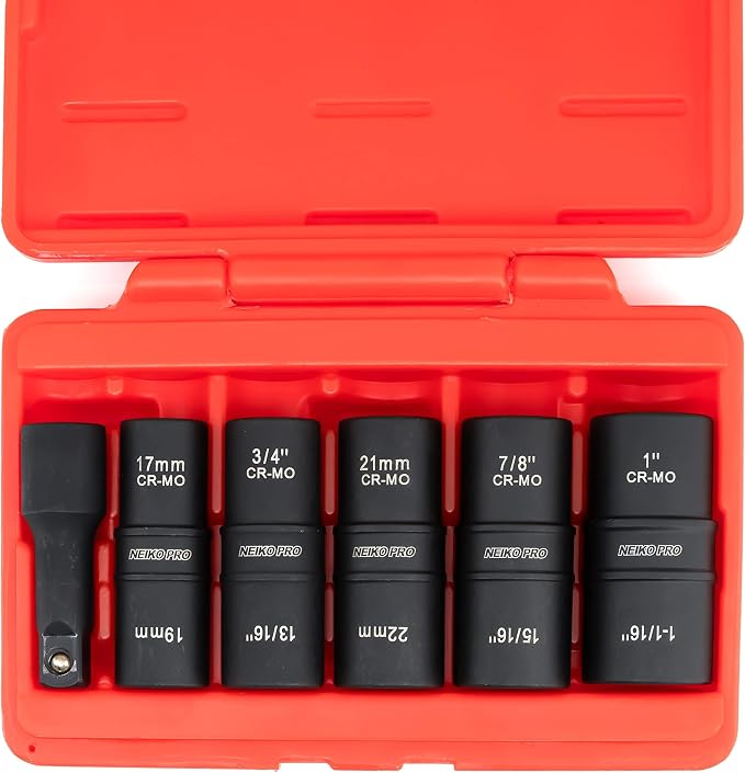NEIKO 02287B 6-Pc 1/2-Inch-Drive Impact Socket Set, 10 SAE & Metric Sizes, Thin Wall Wheel Lug Nut Socket Set, Cr-Mo, 3-Inch Extension Bar, 6-Point, 19 & 21mm Sockets