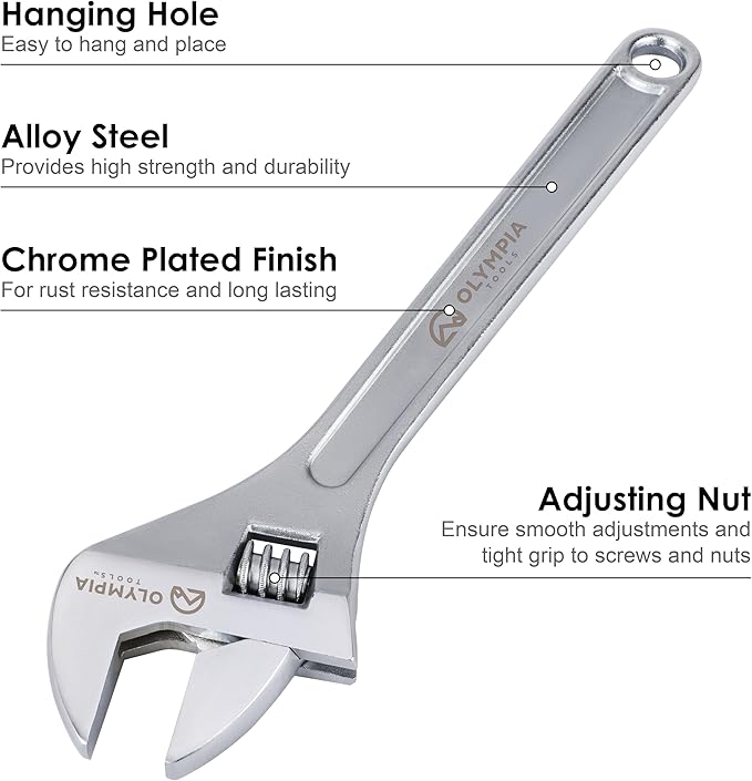 Olympia Tools 18" Adjustable Wrench, Heavy Duty Drop Forged Steel, Chrome Plated, Precision Machined Jaws, Rust Resistant