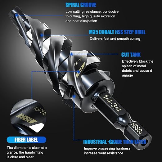 M35 Four Spiral Flute Step Drill Bit Set 1/4"-3/4" （9 Sizes）, 1/4" Hex Shank Unibit Step Drill bit, Impact Resistant M35 Cobalt Step Drill Bit, for Stainless Steel, Wood, Aluminum, Plastic