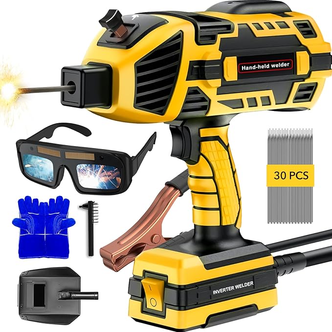 Portable Welding Machine, 110V Handheld Welder with 30PCS Rods & Auto Darkening Goggles, Electric ARC Welder Gun with IGBT Inverter 5 Variable Current Adjustment Fits for 3/32" Welding Rods