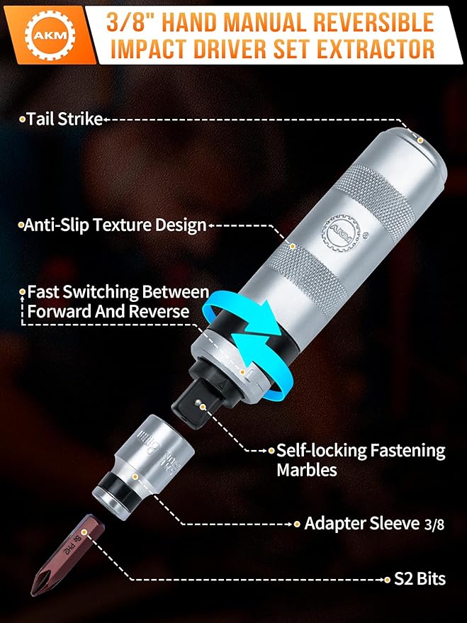 AKM 3/8" Hand Manual Reversible Impact Driver Set Extractor Impact Screwdriver S2 Steel Much More Durable Disengage Rusted Fasteners or Frozen Bolts