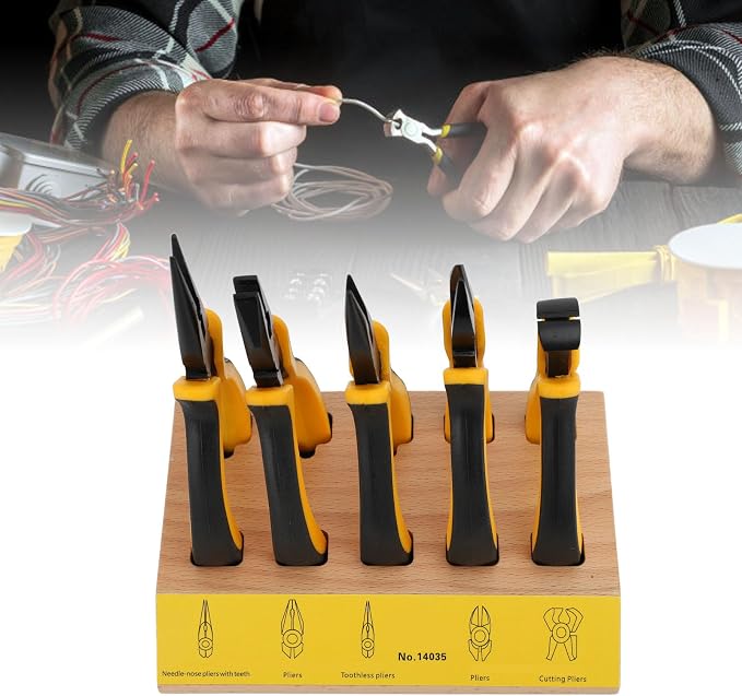 Naroote 5pcs Pliers Set with Wood Pallet, Beech and Metal Watch Repair Pliers Set, Heat Treated Blades, Effort Saving Grip, Wire Cutting for Jewelry Repair Hobby Users