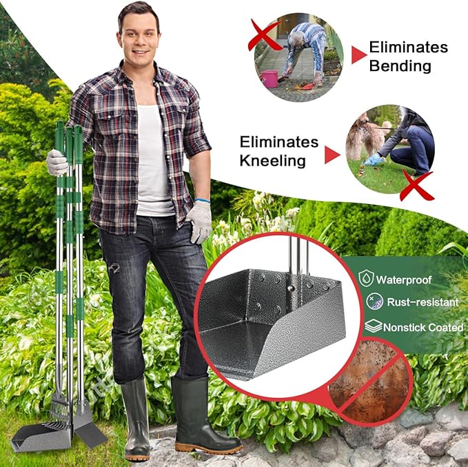 FUSBUNTY Pooper Scooper, Long Handle Dog Pooper Scooper, Heavy Duty Stainless Steel Rake with Tray & Spade Set for Pet Waste Removal, for Grass, Dirt or Gravel - Green