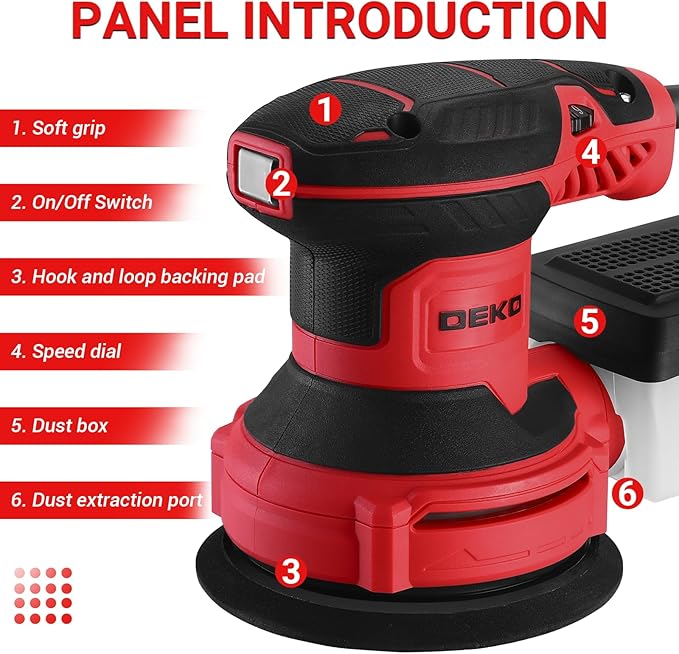 DEKOPRO Electric Sander with 16 Sandpapers, 14000RPM, 5-Inch, High Performance Dust Collection - For Woodworking