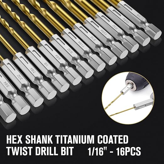 Drill Bit Set, 16Pcs 1/16" Titanium Twist Drill Bit for Sheet Metal, Wood, Plastic, Quick Change Design