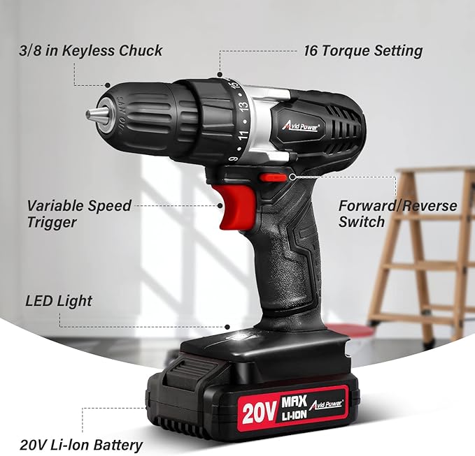 AVID POWER 20V Cordless Drill Set for Home DIY & Beginner Projects - Lightweight Power Drill with Battery Charger & 22 Bits, Variable Speed, 3/8" Keyless Chuck, Ideal for Furniture Assembly (Black)