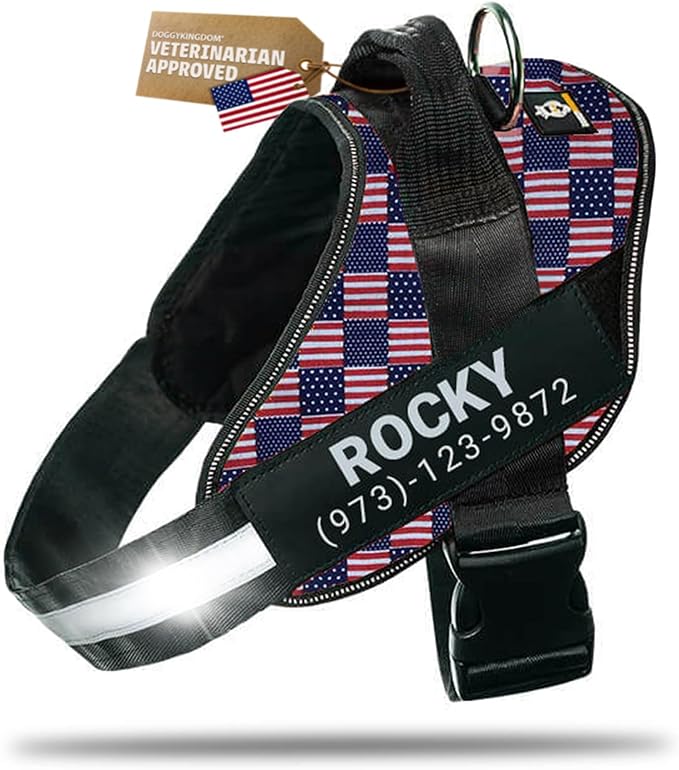 Personalized Dog Harness with Custom Name Patches, Adjustable Reflective No Choke Dog Vest with Handle for Extra Large Dog, US Flag, XL