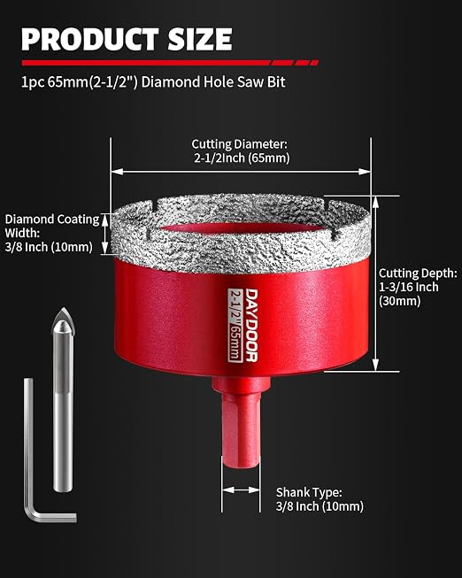 DAYDOOR 2-1/2" Diamond Hole Saw Bit with Pilot Drill Bit -1pc 65mm Diamond Tile Hole Saw with Guiding Bit for Porcelain Tile Ceramic Pottery Granite Stone Glass Bottles(3/8" Triangle Shank)