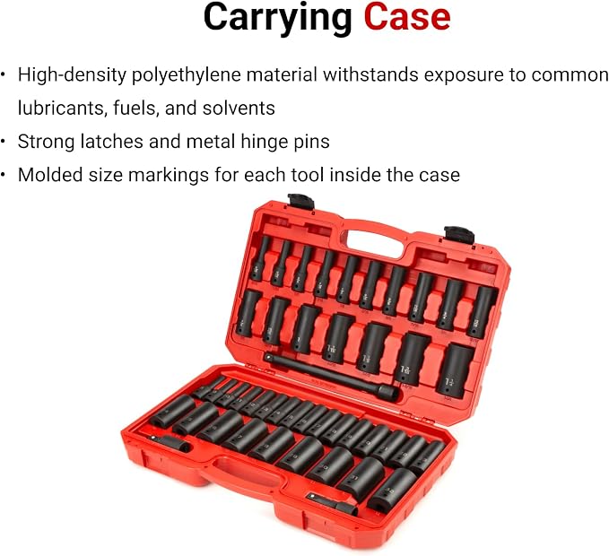TEKTON 1/2 Inch Drive Impact Socket Set, 45-Piece | SID92404 | (5/16 - 1-1/4 in., 8 - 32 mm), Deep, 6-Point, Case