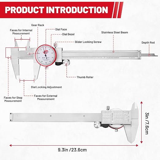 0-6" Range SAE Dial Caliper Measuring Tool, Analog Precision Micrometer Caliper ±0.001" Accuracy, Manual Mechanical Metal Stainless Steel Measuring Dial with 4-Way Measurements