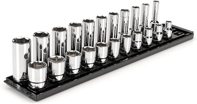 TEKTON 1/2 Inch Drive 6-Point Socket Set, 22-Piece | SHD92209 | (3/8 - 1 in.), Shallow and Deep, Socket Rail