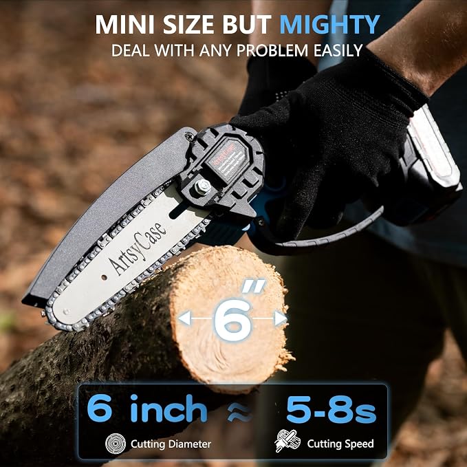 ArtsyCase Mini Chainsaw 6-inch Cordless, Portable chainsaws, Small Handheld Chain Saw for Tree Trimmer, Wood and Bamboo Cutting, Chain saws Gifts for Husband, Dad(1 Battery+ 1 Chain+ 1 Bars)