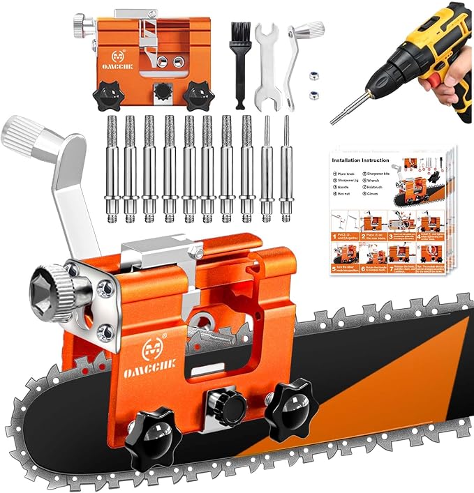Universal Chainsaw Sharpener Jig Kit, Portable Chain Saw Sharpener Tool with 10 Sharpening Steels, Hand Crank Chain Saw Blade Sharpener. Chainsaw Accessories for 4."- 22" Electric Chain Saws