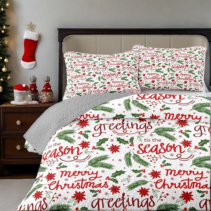 Merry Christmas Boho Red Quilt Set King- Leaves Berry Flowers Printed Holiday Bedding Set - Soft Microfiber Lightweight Comforter Coverlet Bedspread(Leaves, King(90"x104"))