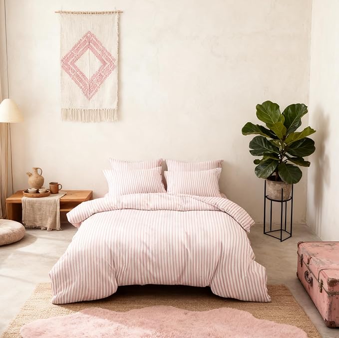 Sedefen Striped Duvet Cover Full Size Pink Stripe Geometry Bedding Set for Girls 3 Pieces Soft Microfiber Reversible White Geometric Stripes Comforter Cover with Zipper Closure and 2 Pillowcases