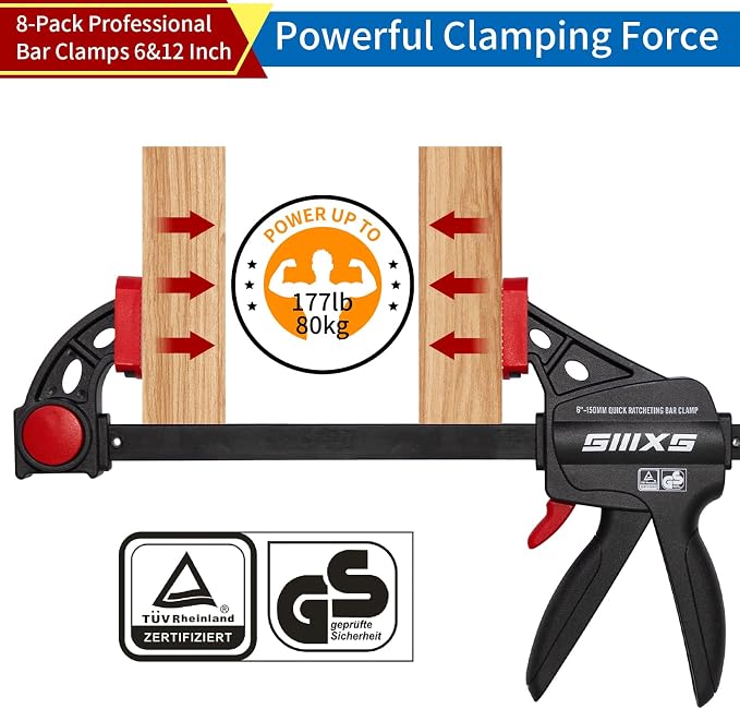 12" and 6" Bar Clamps for Woodworking, 8-Pack One-Handed Wood Clamps/Spreader, Quick-Release F Clamps Set, 177 lbs Load Limit with GS Certificate