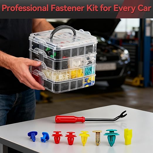 1240PCS Auto Retainer Clips Kit with Trim Removal Tools and 3-Layer Organizer Box, 32 Sizes Push Rivets Fasteners for Car Bumper, Fender, Door Panel and Interior Repair