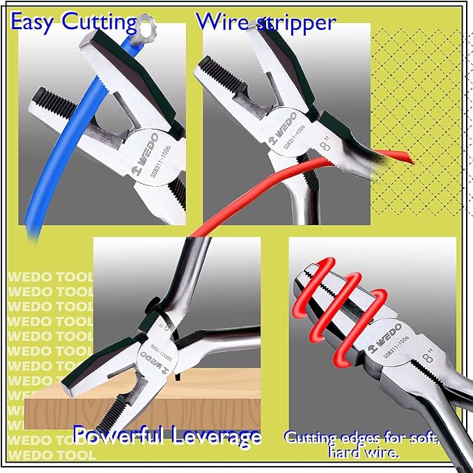 WEDO 7" Stainless Steel Lineman's Pliers,Side Cutting Pliers,Combination Pliers, Side Cutter, Wire Stripper, Crimper, Cut ACSR, Screws, Nails, Hard Wire, Corrosion Resistant