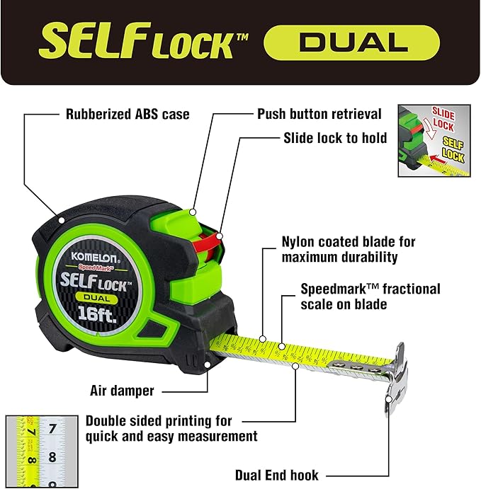 Komelon 16-Ft Self Lock Dual Tape Measure with Fraction Markings, Auto Lock (SLD116)