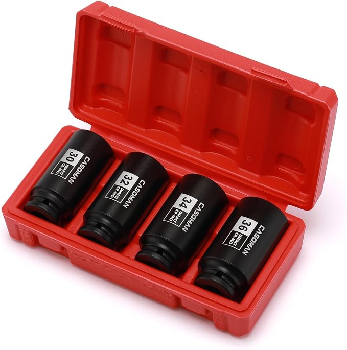 CASOMAN 1/2-Inch Drive Deep Spindle Axle Nut Impact Socket Set,12 Point Metric, CR-MO, 30,32,34,36mm, 4-Piece 1/2" Heavy Duty Impact Socket Set