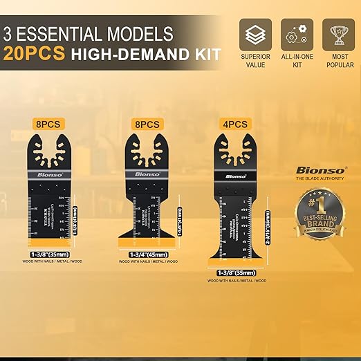Bionso 20PCS Titanium Oscillating Tool Blade Cuts Metal and Wood, Sharp and Durable Multitool Blades, Multi Tool Blades Kits, Oscillating Saw Blades Fit Dewalt Milwaukee Ryobi Makita