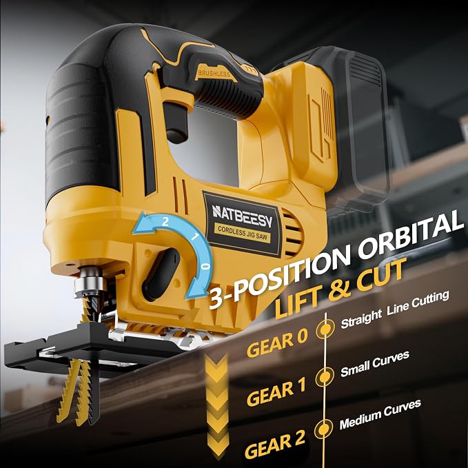Jig Saw Compatible With Dewalt 20V Battery, NATBEESY Brushless Cordless jig saw tool, LED Work Light, 45° Beveled Cuts, Variable Speed 2900RPM, 3 Orbital Action, 6 Blades for Wood Cutting, Tool Only