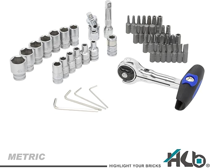 HB 49-Piece 1/4" Drive Socket & Bit Set, 90-Tooth Swivel Head Ratchet Kit